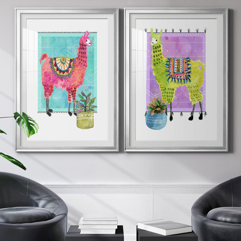 «Lovely Llama III», ensemble de 2 reproductions d'art, H 26,5 po x l 73 po x P 1,5 po, Papier avec cadre argenté, Blanc