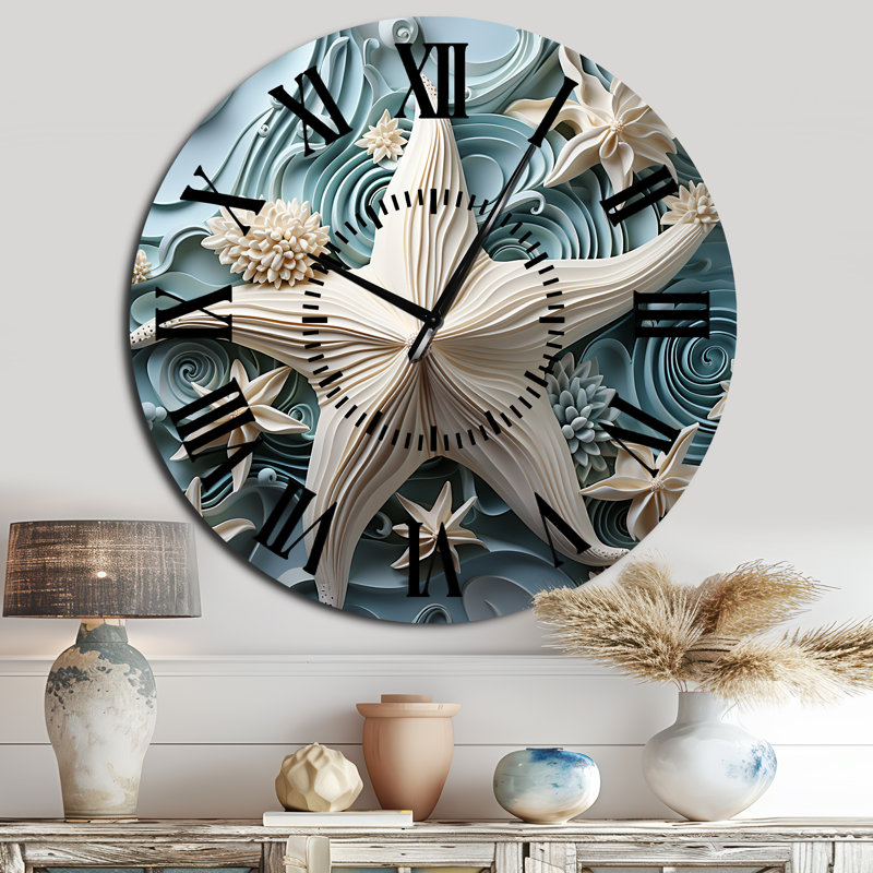 Horloge murale étoile de mer blanche et bleue, Surdimensionné