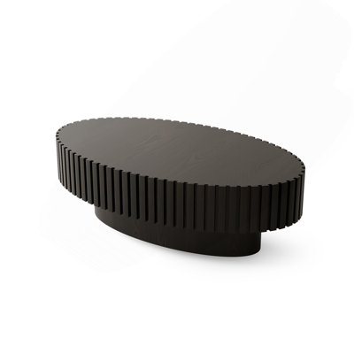 43.5" Oval Wooden Coffee Table With Handcrafted Relief | Sturdy Pedestal Base, Olive-Shaped Design For Living Room