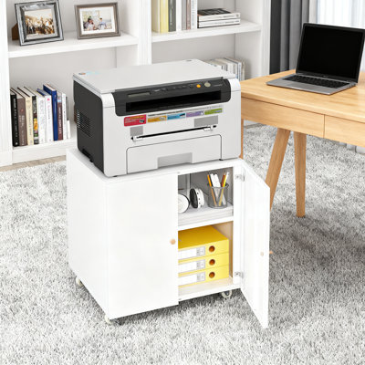 White Metal Printer Stand With Storage, 23.62â€Ã—23.62â€Ã—23.62†Mobile Printer Table With Adjustable Shelf & Door, Small Spaces – Ideal For Home Office/c by Wrought Studio