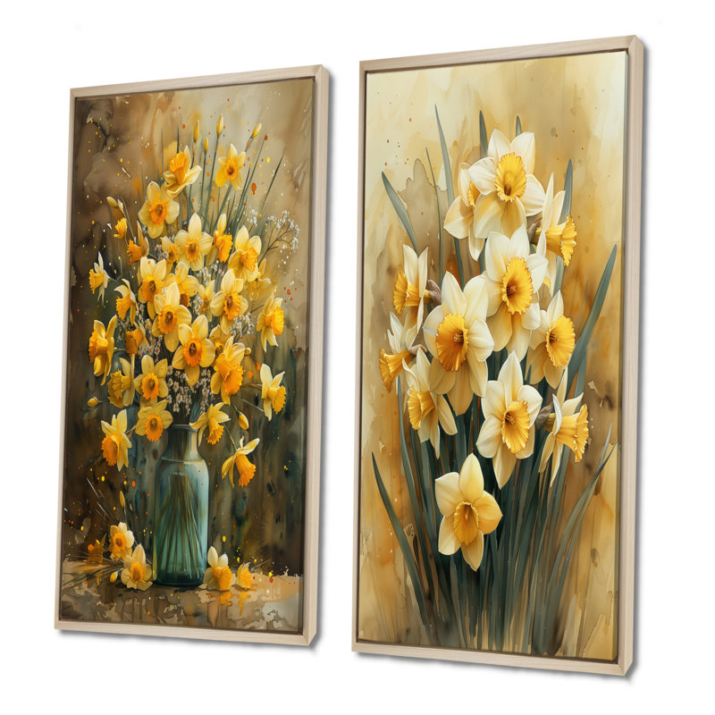 «Yellow Farmhouse Daffodils In Vase I» - ensemble de 2 jonquilles murales, H 28 po x l 24 po, Impression encadrée, Érable
