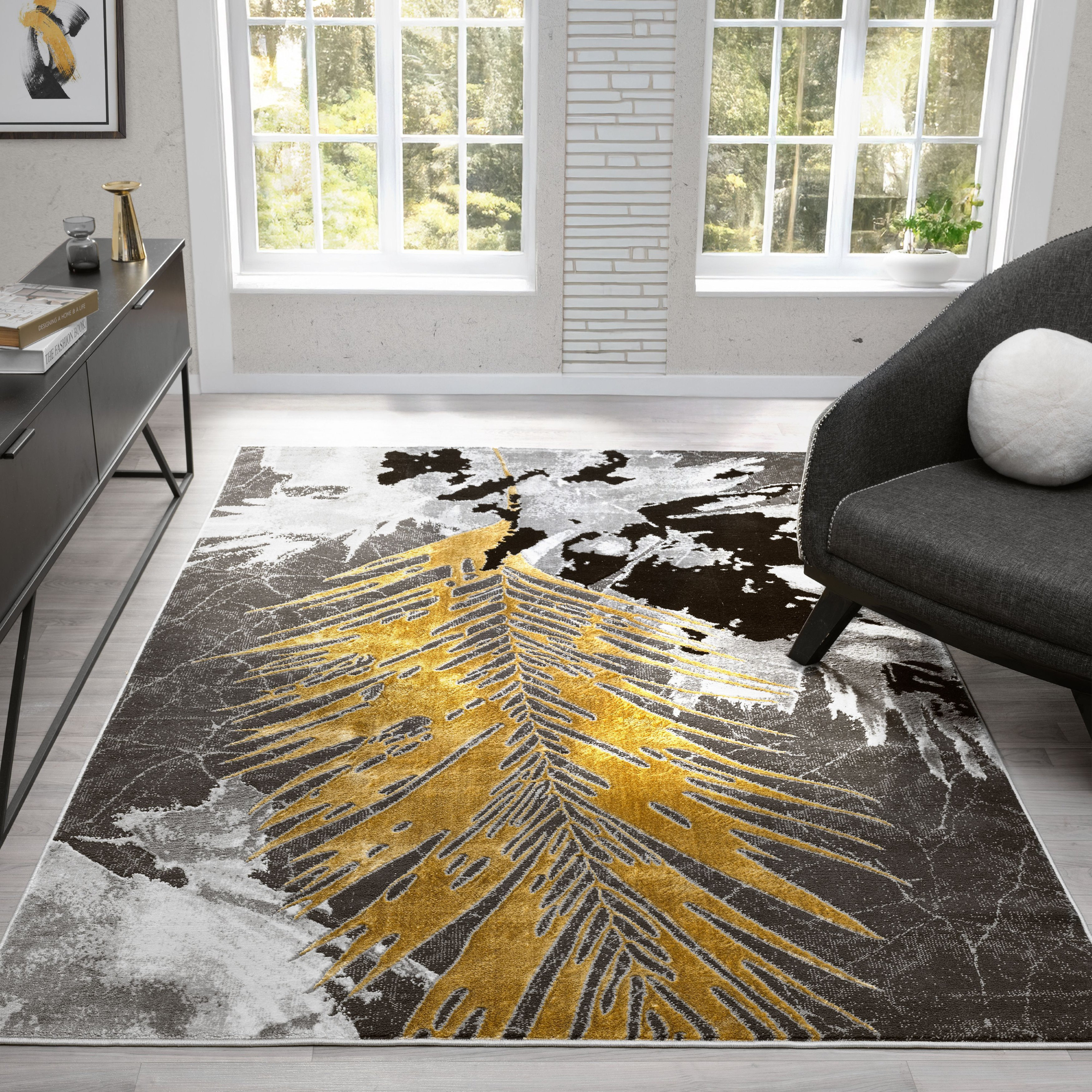 17 Stories MDA Rugs Kent Collection Botanical Dark grey with Black and ...