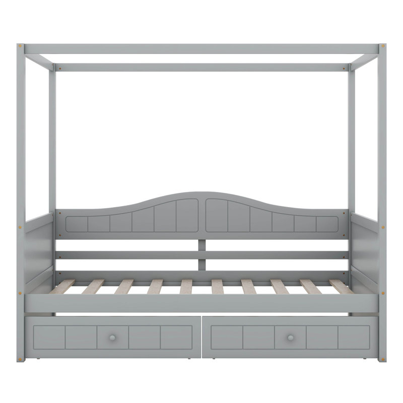 Lit à baldaquin simple, structure de lit de jour avec 2 tiroirs et support en lattes de bois pour les adultes, Gris