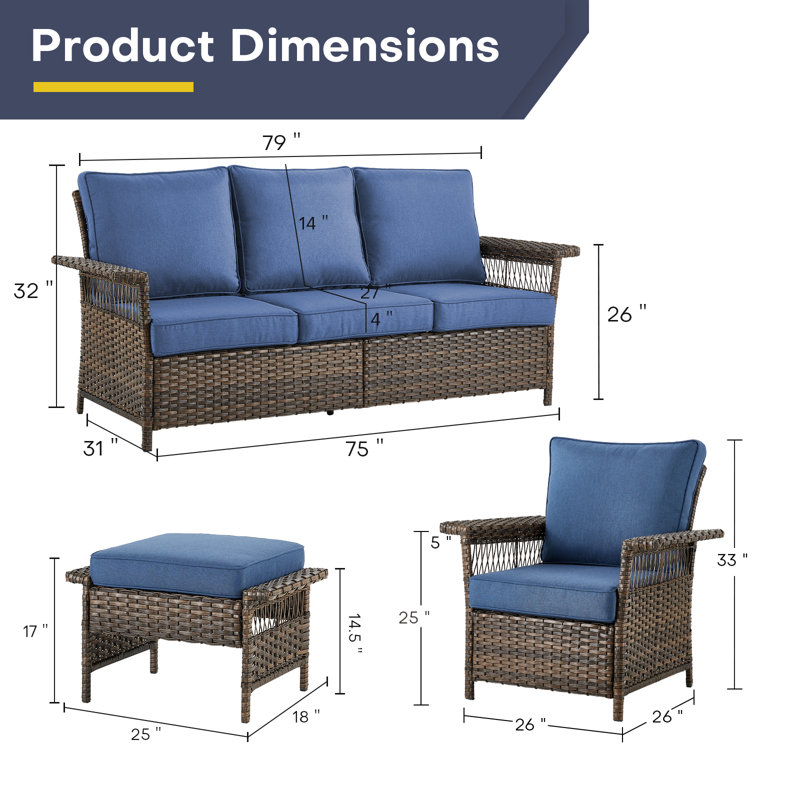 Anferney Anferney 7 - Person Outdoor Sofa Seating Group with Cushions and Ottomans, Blue