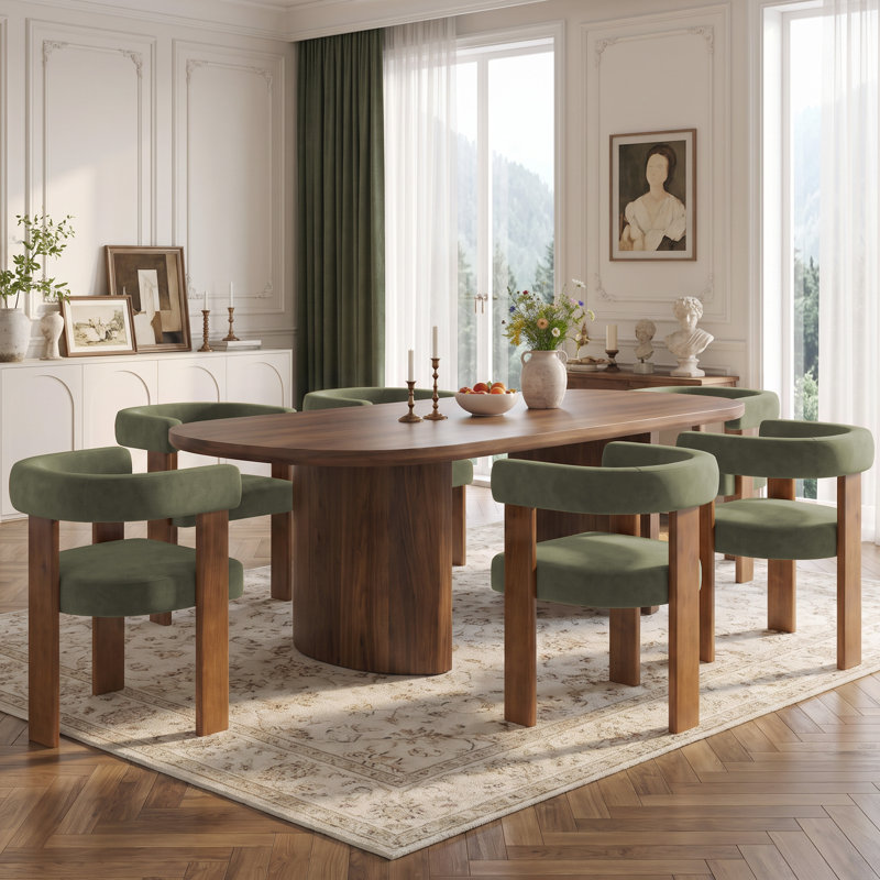 Mamanbai 17.7" Seat Height Modern 3-Leg Chenille Dining Chair with Walnut Frame & Wraparound Back, 6, Vert