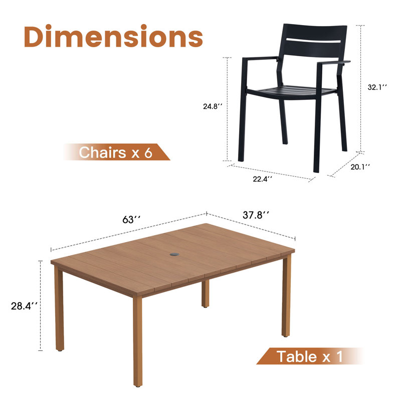 Ensemble de salle à manger rectangulaire pour l'extérieur avec table en métal 63 po et 6 chaises avec accoudoirs