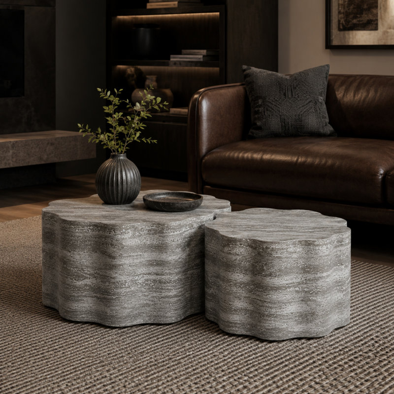 Ensemble de tables basses rondes modernes 2 pièces avec dessus en faux marbre Caston, Gris