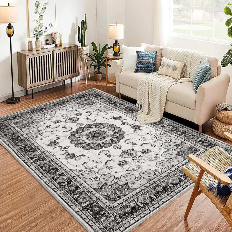 Boho Vintage Area Rug – Washable, Soft Gray Medallion Carpet with Non-Slip Backing for Living Room, Bedroom, Kitchen (Gray)