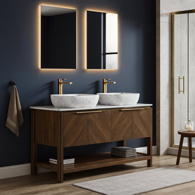 Meuble-lavabo autoportant moderne de 60 po avec lavabo vasque en marbre, plateau en pierre frittée Carrara et portes en bois cannelé, rangement à fermeture en douceur, noyer foncé