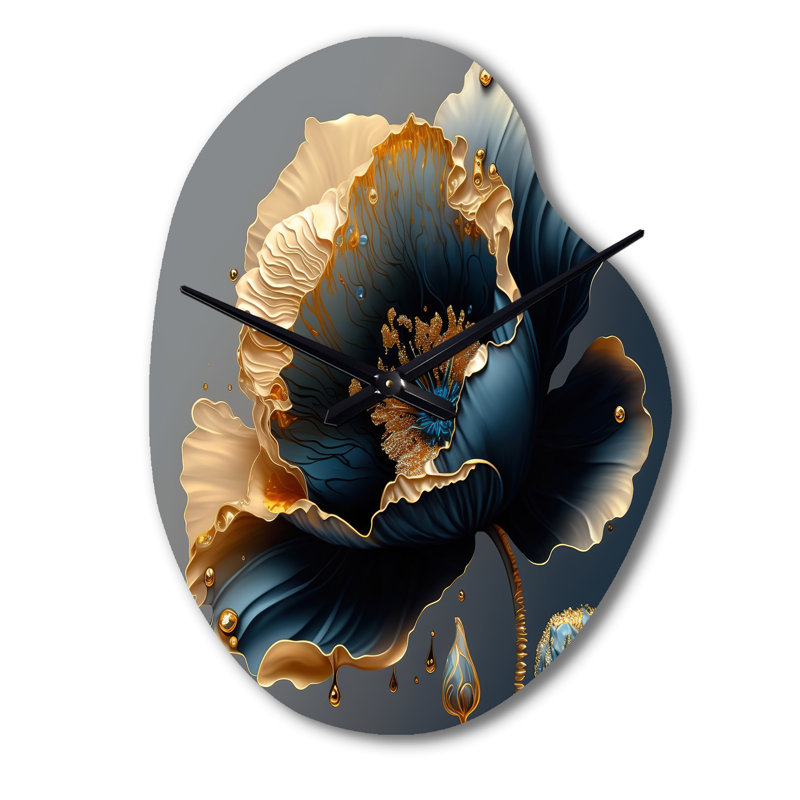 Horloge murale en forme de fleur unique en métal bleu foncé et doré, Petit