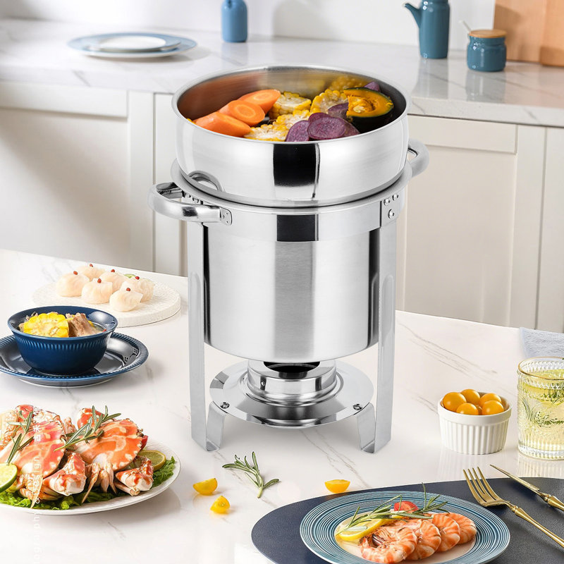 Ensemble de chaudron à soupe 11QT, réchaud à soupe rond en acier inoxydable avec marmite, couvercles entaillés et supports à carburant