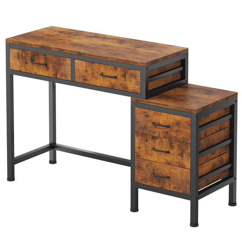 Bureau d'ordinateur 51 po avec 5 tiroirs et support pour imprimante, Brun rustique