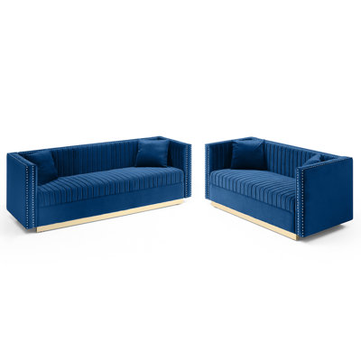 Contemporain 2 pièces en velours bleu avec cadre en bois massif rembourré moderne, pour la décoration du salon