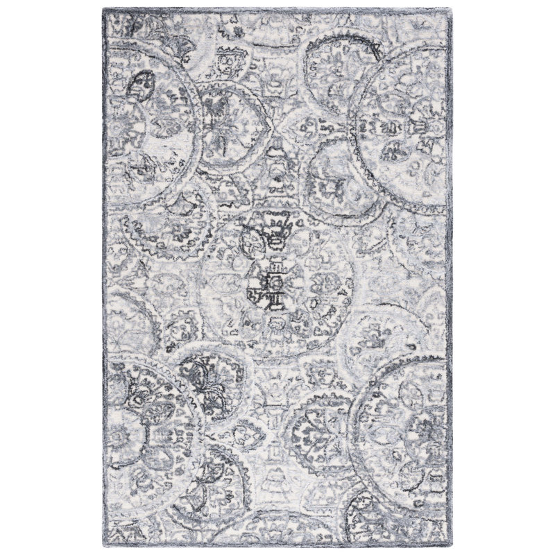 Tapis géométrique ivoire / gris en laine / coton touffeté à la main Bathilde, Rectangle de 5 pi x 8 pi