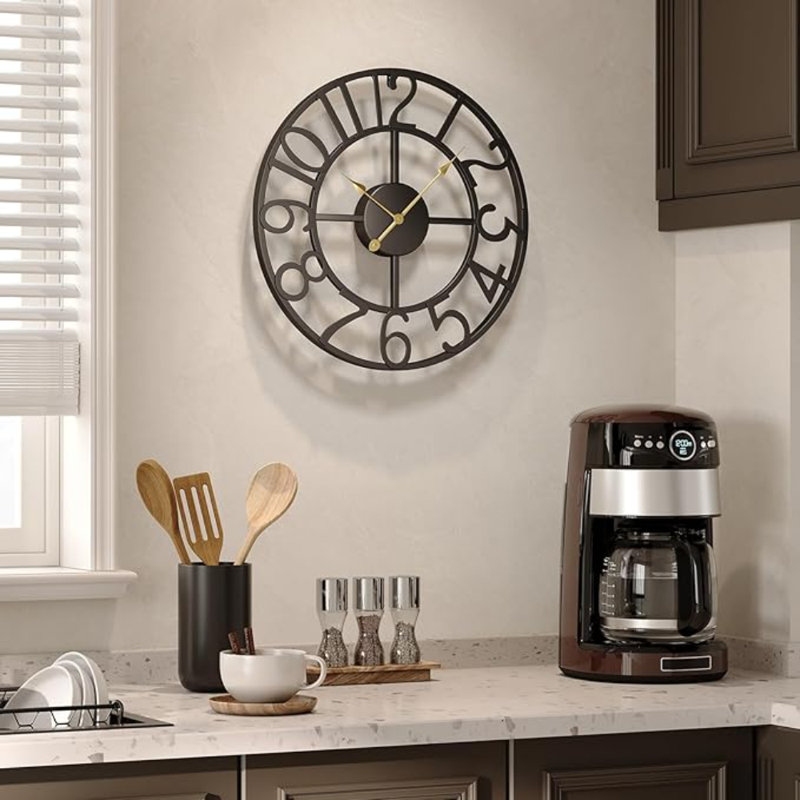 Black Wall Clock For Lving Room, 16 Inch Large Metal Wall Clock Battery-Operated, Modern Industrial Decorative Silent Non Ticking Arabic Numerals Wall Clocks For Bedroom, Kitchen, Dining Room, Office