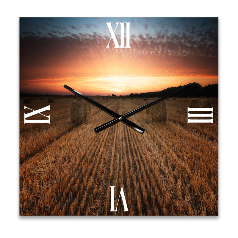 Paysage avec un champ rempli de balles de foin au coucher du soleil - Horloge murale de ferme, Grand