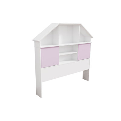 Full Size Bookcase Headboard Free Standing Tall Storage Two Sliding Pink Doors With Seven Cubby Shelves White