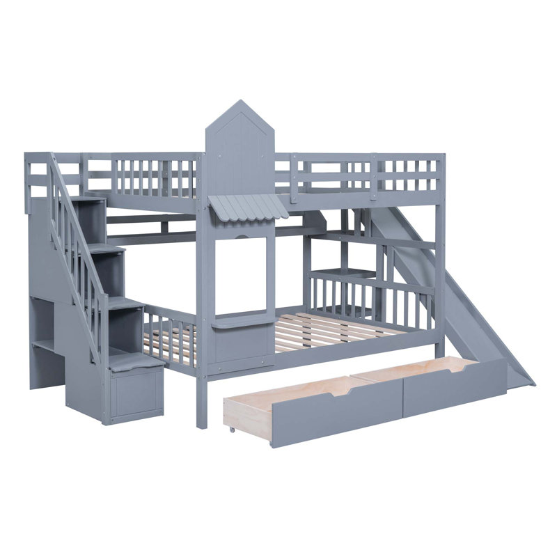 Hannu 2 Drawers Bunk Bed with Storage Stairs, Slide and Bookcase, Gray, Full over Full