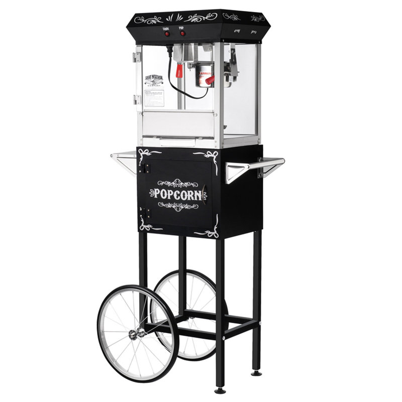 Popcorn Machine with Cart - Foundation 6oz Popper with Stainless-Steel Kettle, Heated Warming Tray, and Old Maids Drawer by Great Northern Popcorn (Black)