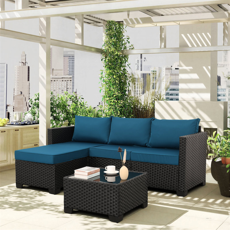 Wicker Patio Furniture Patio Couch 3 Pieces Outdoor Sectional With Ottoman And Outdoor Glass Table Weathering Anti-Slip Cushions Furniture Covers, Peacock Blue