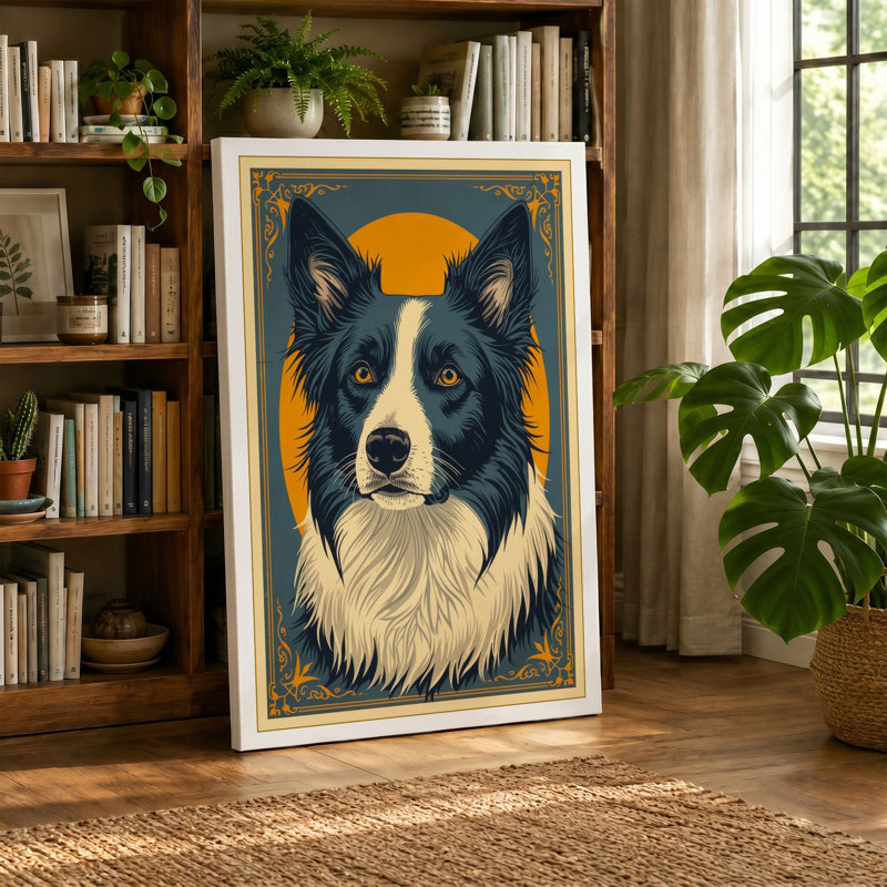 Border Collie Portrait Retro - Wrapped Canvas, 36x24 - 91.4 x 61.0 cm, Cream Border