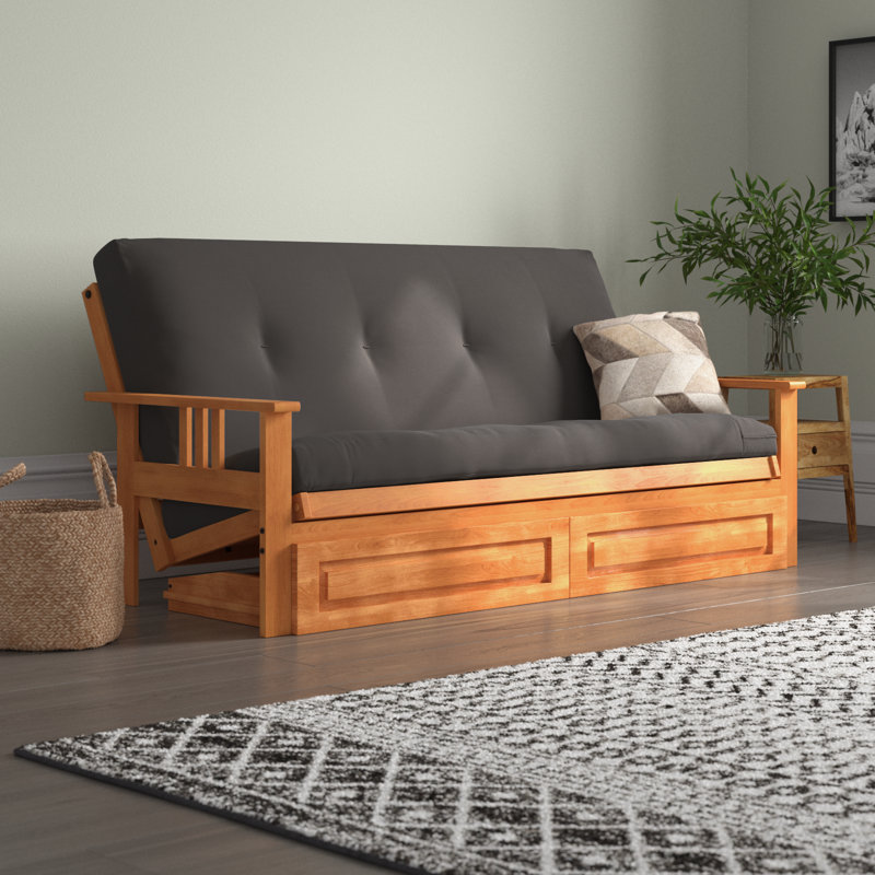 Stratford Full Futon Frame Includes Storage Drawers with Mattress, Butternut, Gray Polyester