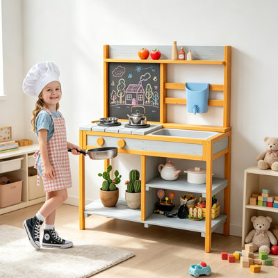 Cuisine de boue extérieure pour enfants, cuisine de jeu en bois avec évier et robinet amovibles, tableau noir à double face, tablettes de rangement, cuisinière, ensemble de jeu en bois de sapin pour enfants de 4 ans et plus