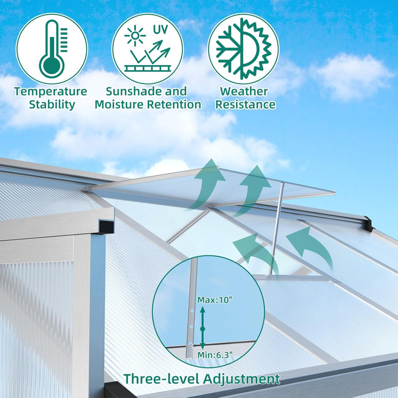 Serre extérieure, structure en aluminium avec panneaux en polycarbonate, l 8 pi x P 12 pi, conception ventilée sur le toit pour une utilisation dans le patio et le jardin