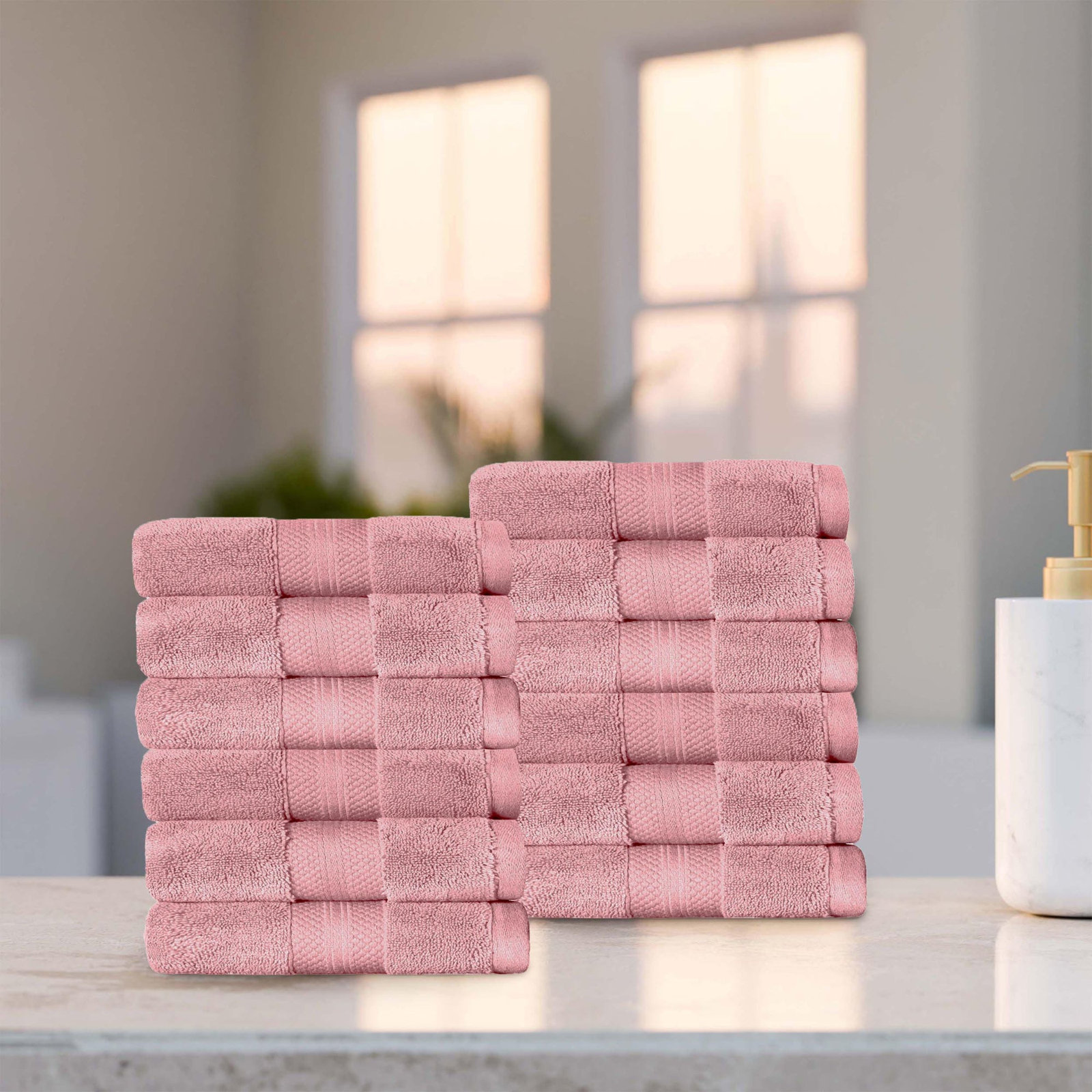 Finnian Turkish Cotton Bath Towel, Coral Pink, Washcloths - 12 Pack