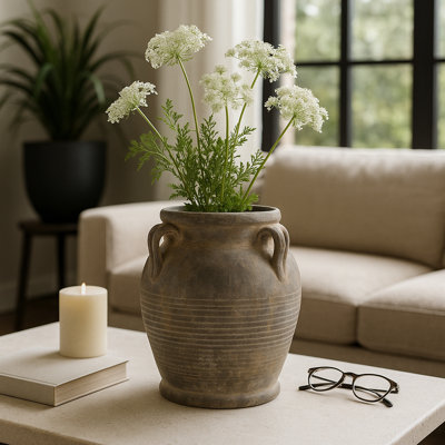 Vase de table Tiyler rustique pour la maison - Grand vase en terre cuite avec finition vieillie et poignées - Vase ou vases à fleurs élégants pour l'entrée ou la salle à manger