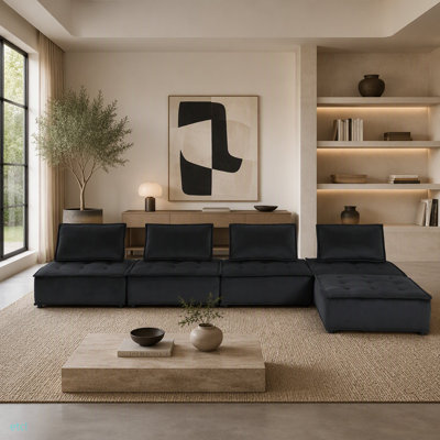 120" Black Velvet 5 Pc Sectional Sofa Ottoman