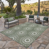 Savara Ziba Green Cream Ivory Global Sunburst Indoor/ Outdoor Polypropylene Flatweave Area Rug