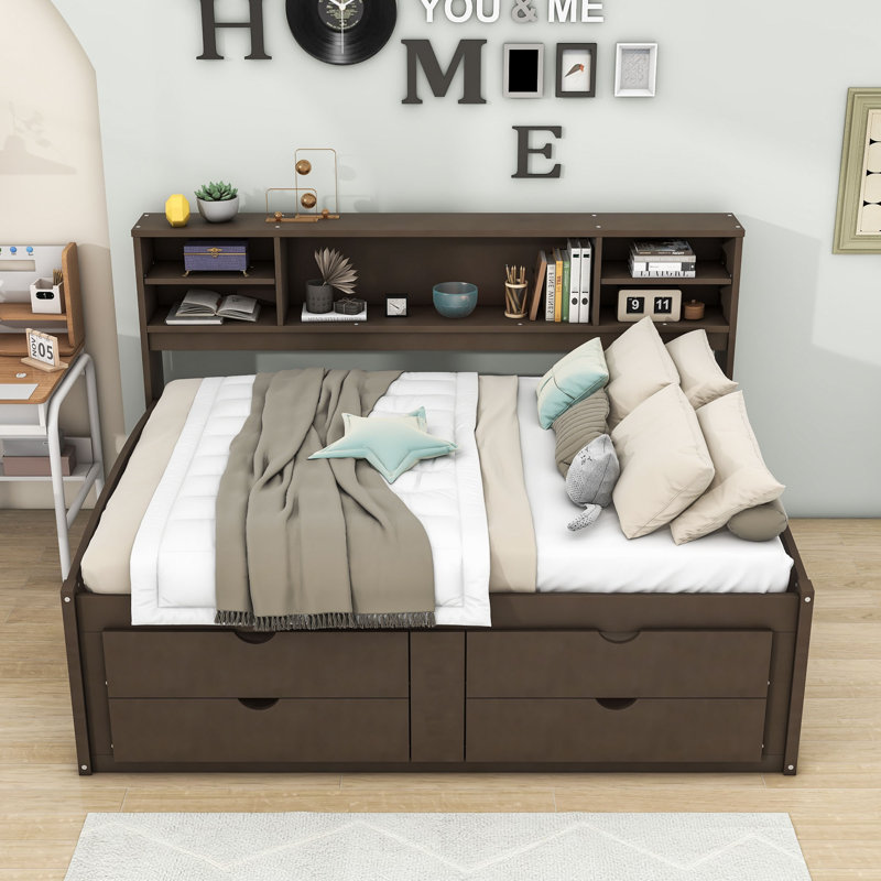 Nagaji Wood Daybed with Twin Size Trundle and Shelves, Antique Brown