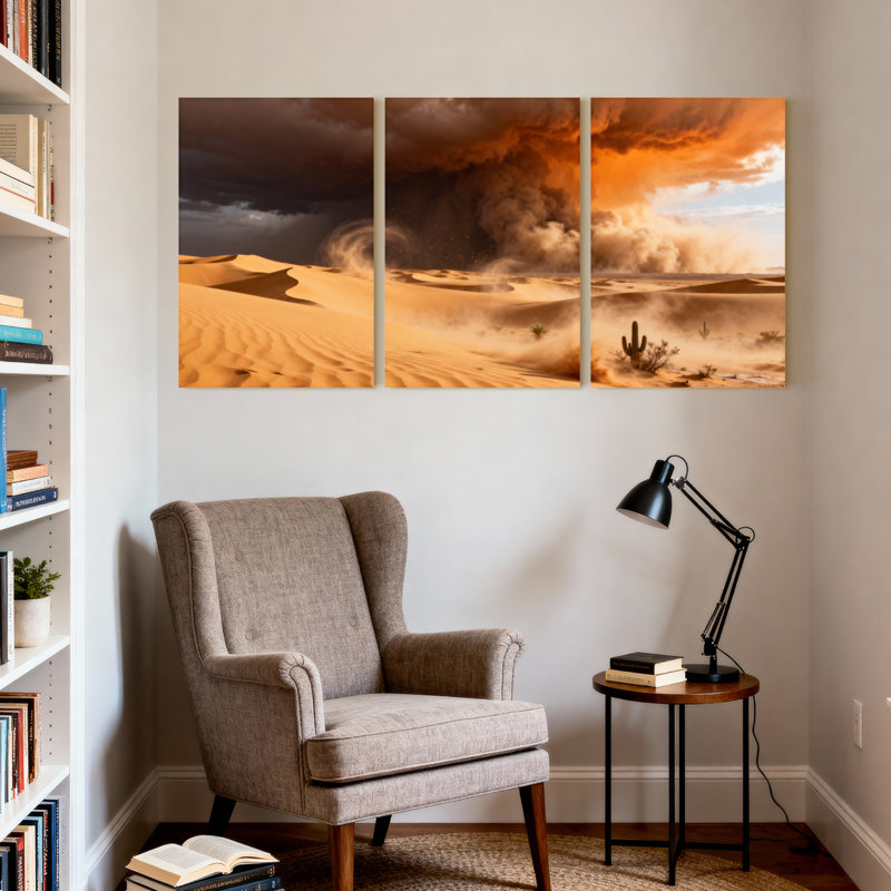 Scénario et paysages urbains, tempête de sable, dunes de sable, cactus, ciel, réflexions, ensemble de 3 impressions sur toile