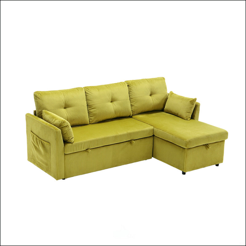 Modular L-Shaped Sofa, Modular Long Sofa with Reversible Chaise Lounge, Olive Corduroy