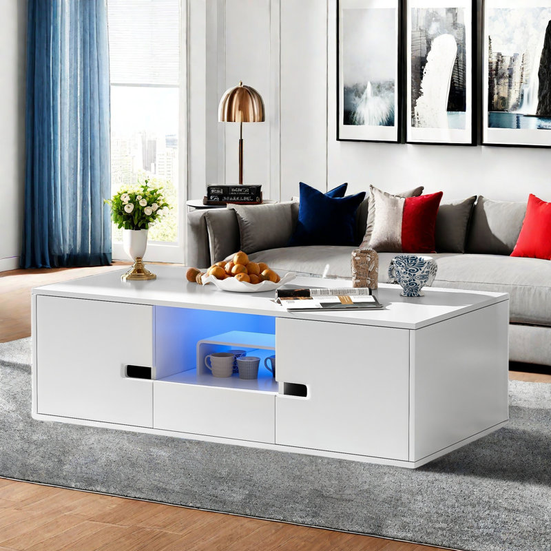 Modern High Glossy Rectangle Coffee Table With 2 Cabinets, One Drawer, 16 Colour Led Lights And An Open Shelf, White