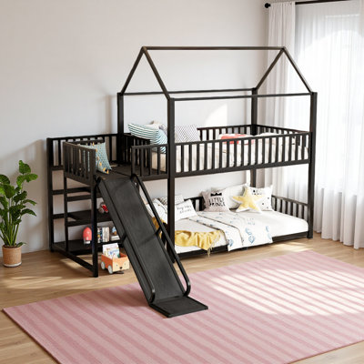 Kids Metal House Bunk Bed with Storage Stairs and Slide by Wrought Studio