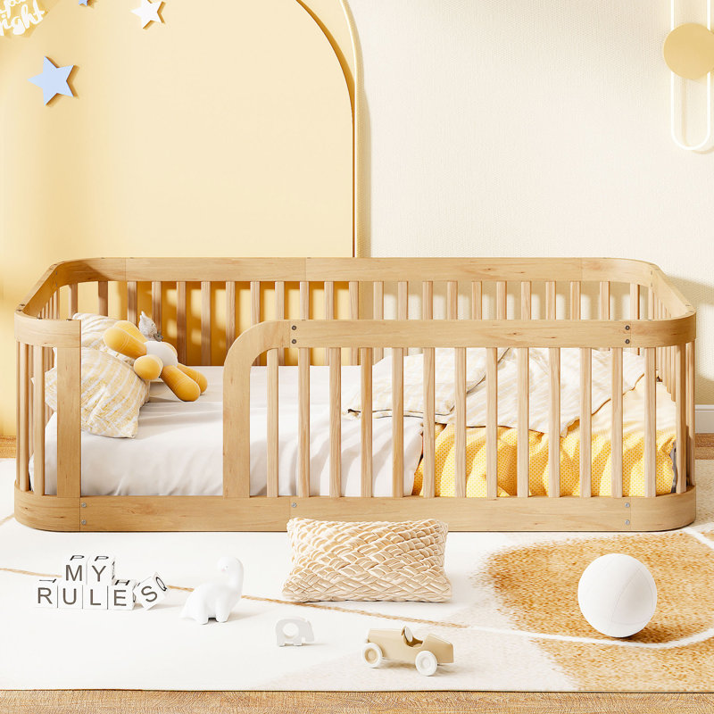 Base de lit en bois avec clôture en bois, Naturel