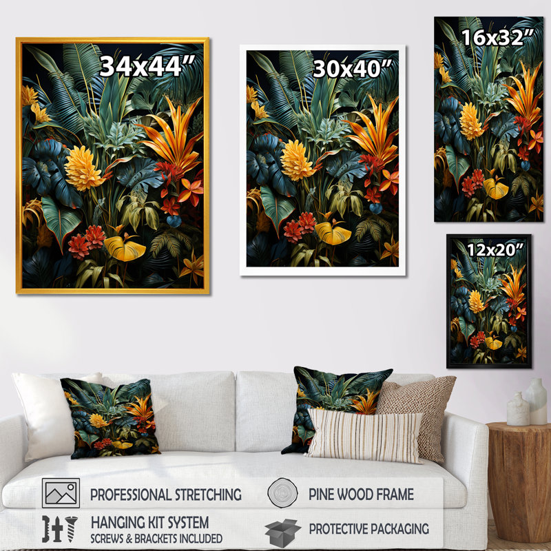 Mystic Tropical Flowers Composition - Fleurs saisonnières, Cadre flottant doré, 44" H x 34" W