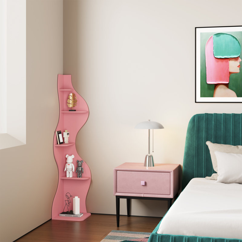 Bibliothèque d'angle, étagère murale moderne à 5 niveaux avec petit support de rangement ondulé pour petit espace, Rose