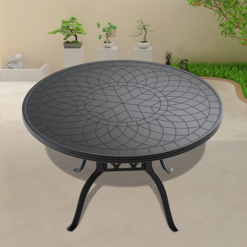 Table de salle à manger 47,24 pouces en fonte d'aluminium avec structure noire et texture sculptée sur le plateau de table