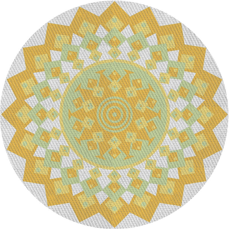 Similicuir tissé à la machine de couleur orientale et polyester jaune/vert/gris Tapis décoratif, Rond 4 pi