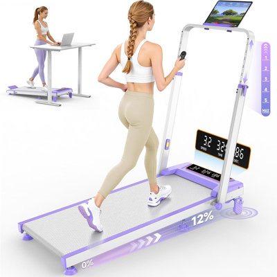 Walking Pad Treadmill with 12% Incline & Adjustable Height Handle, 4 in 1 Folding Under Desk Treadmill, 3.5HP Portable Electric Treadmill with LED Display, 350 LBS Capacity for Home Office