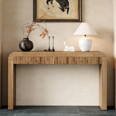 Rustic Console Table with Fluted Drawer Front, Entryway Table with Curved Corners & Thick Legs, Sturdy Sofa Table for Hallway & Living Room (Natural)