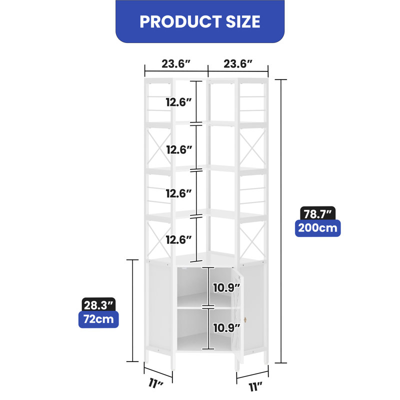 White 7-Tier Corner Bookshelf with Doors and Storage
