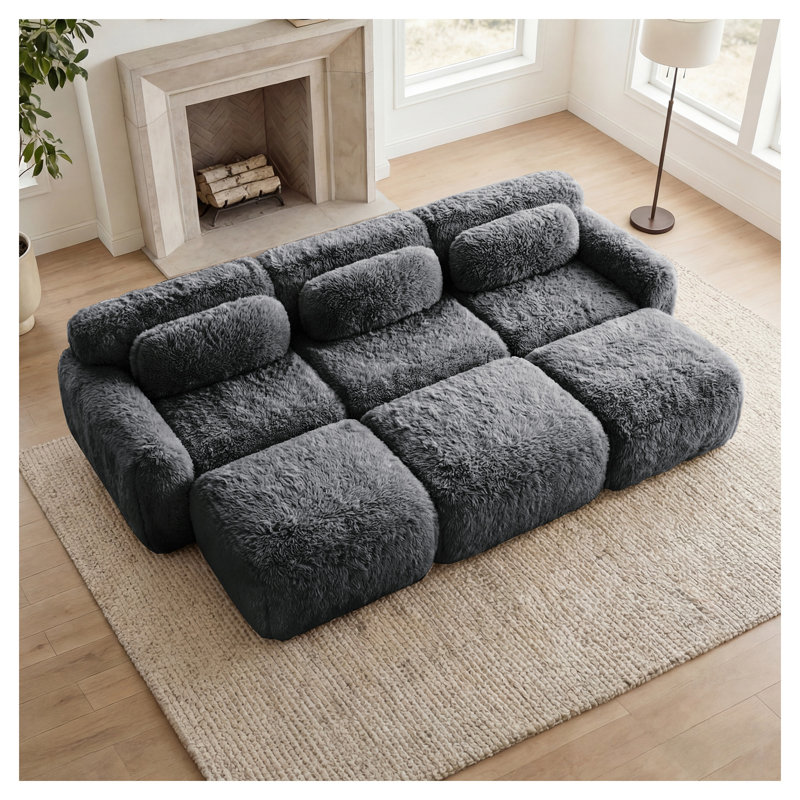 Canapé modulaire moelleux gris foncé à 3 places, aucun assemblage requis, Tissu gris / nounours