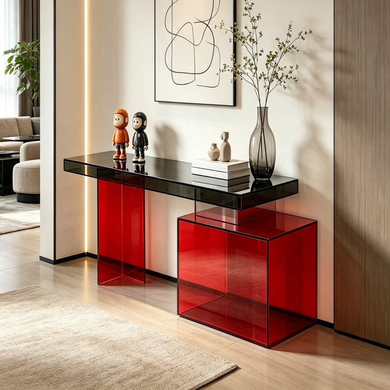 Console rouge à usages multiples en acrylique., H 29,53 po x l 47,24 po x P 13,78 po