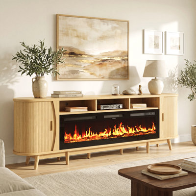 97"W Oak Modern TV Stand With 60" Electric Fireplace For Tvs Up To 100", Tambour Door Media Console Cabinet, Fluted Entertainment Center