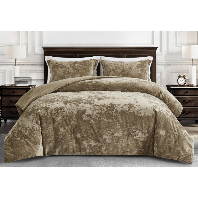 Lux Distressed Velvet Reversible Comforter Set, King Comforter + 2 King Shams, Tan