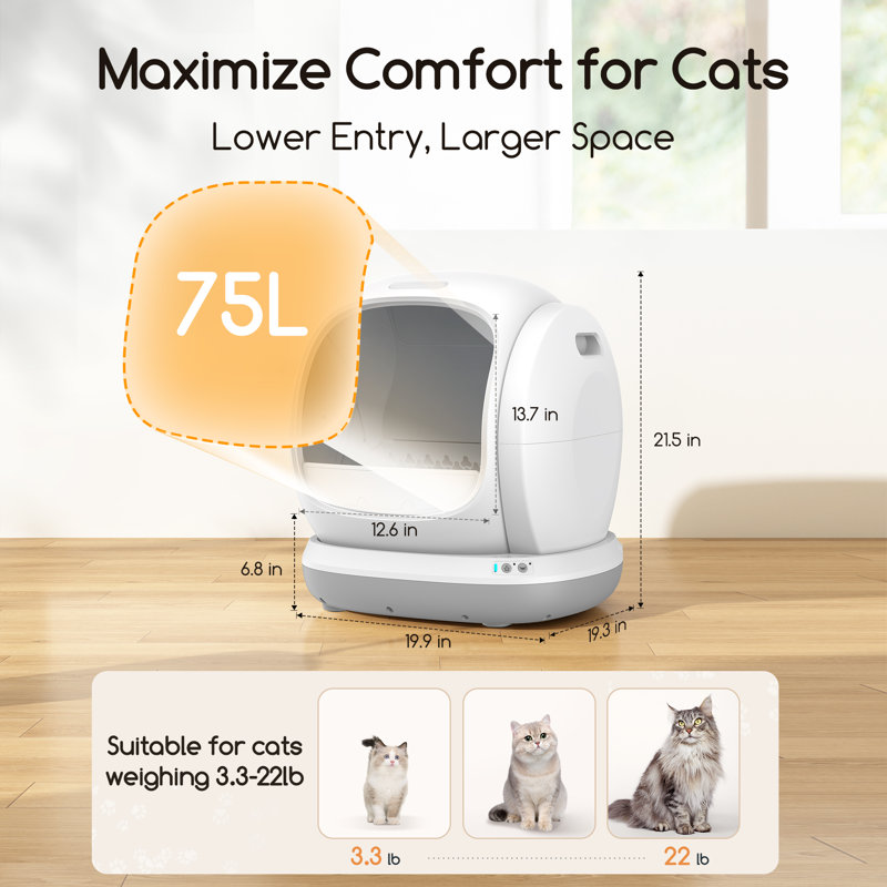 75L Extra Large Open Self-cleaning Smart Automatic Cat Litter Box With Mat & Liner for Multi Cats, App Control/Odor Removal/Safety Protection